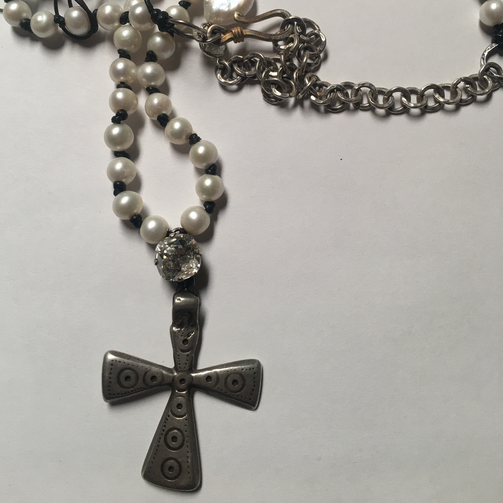 COPTIC CROSS WITH PEARLS AND LEATHER AND SILVER EXTENSION CHAIN