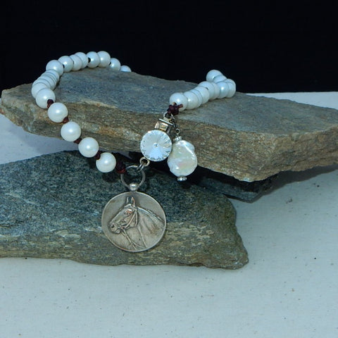 Horse Medal Pearl and Leather Necklace