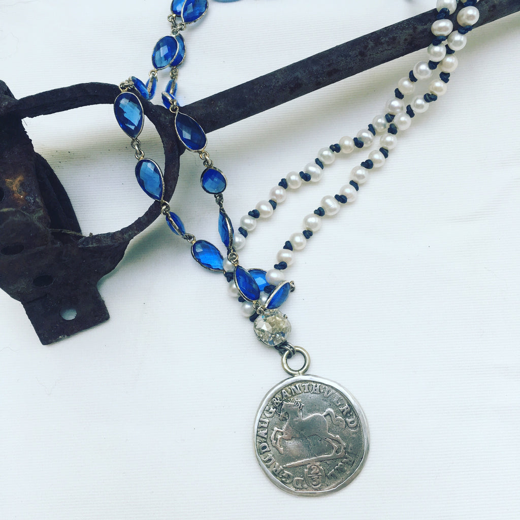 horse necklace, antique horse necklace, antique horse medal, 1695 groschen coin with horse, 
