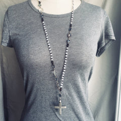 Gray Agate and Coptic Cross Necklace