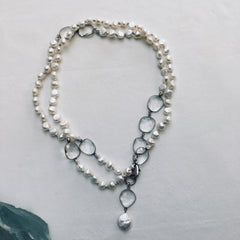 Pearls and White Leather Necklace
